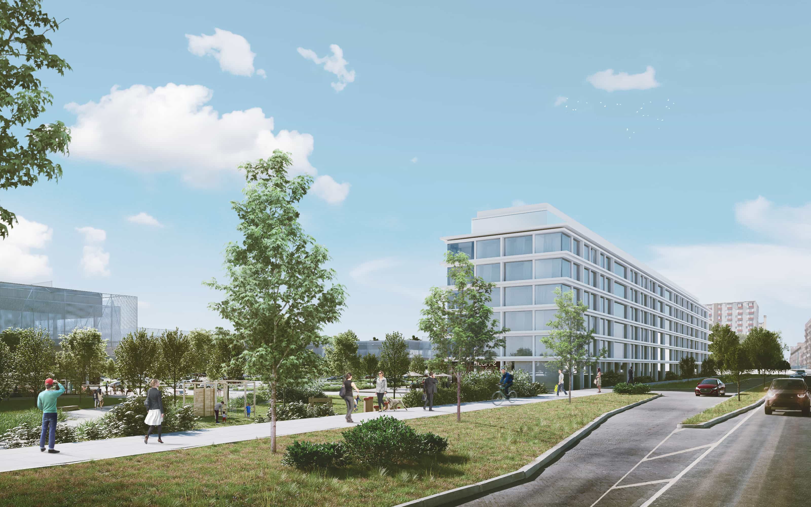 widok na biały hotel z pozimu drogi głównej, budek po lewej stronie